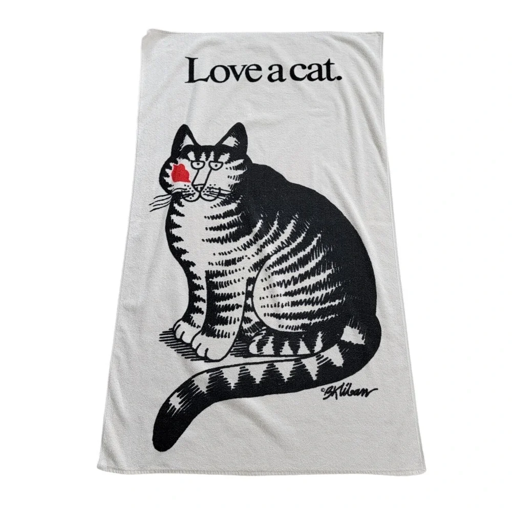 Vintage Kilban Love a cat Beach Towel‎ Cat Kiss Lips 57.5 in x 34 in Cream Terry